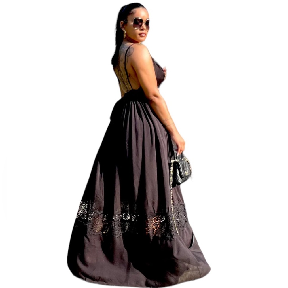 Dress Day Open Back Lace Hem Maxi Dress